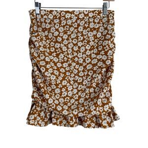 Abound Mini Skirt Brown White Floral Ruffle Hem Boho Cottagecore Country Size S